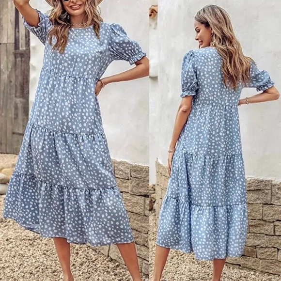 Pretty Garden Blue with White Polka Dot Long Dress Size Large - Picture 1 of 7